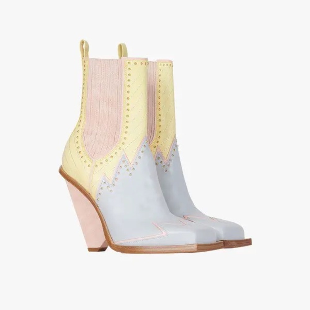 NWT Balmain Tricolor Leather And Suede Studded Taylor Cowboy Ankle Boots